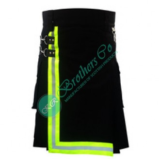Fireman Firefighter Black Cotton Made Utility Kilt With Yellow Lime or Orange Reflective Trim