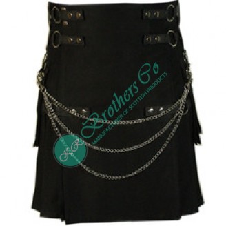 Men Black Modern Fashion Utility Kilt With Chain and Rings