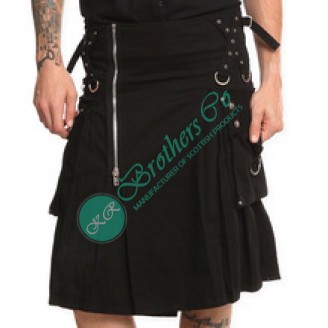 Men Black Zipper Gothic Steampunk Style Alternative Fashion Utility Kilt