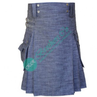 Men Blue Modern Working Casual Heavy Denim Party Wear Wedding Fashion Utility Kilt