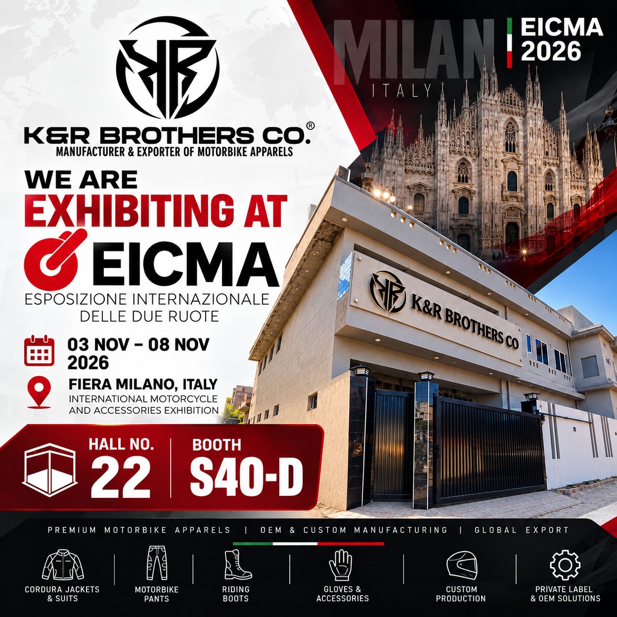 KR Brothers CO. exhibiting at EICMA 2026 in Milan, November 3 to 8, Hall 22, Booth S40-D