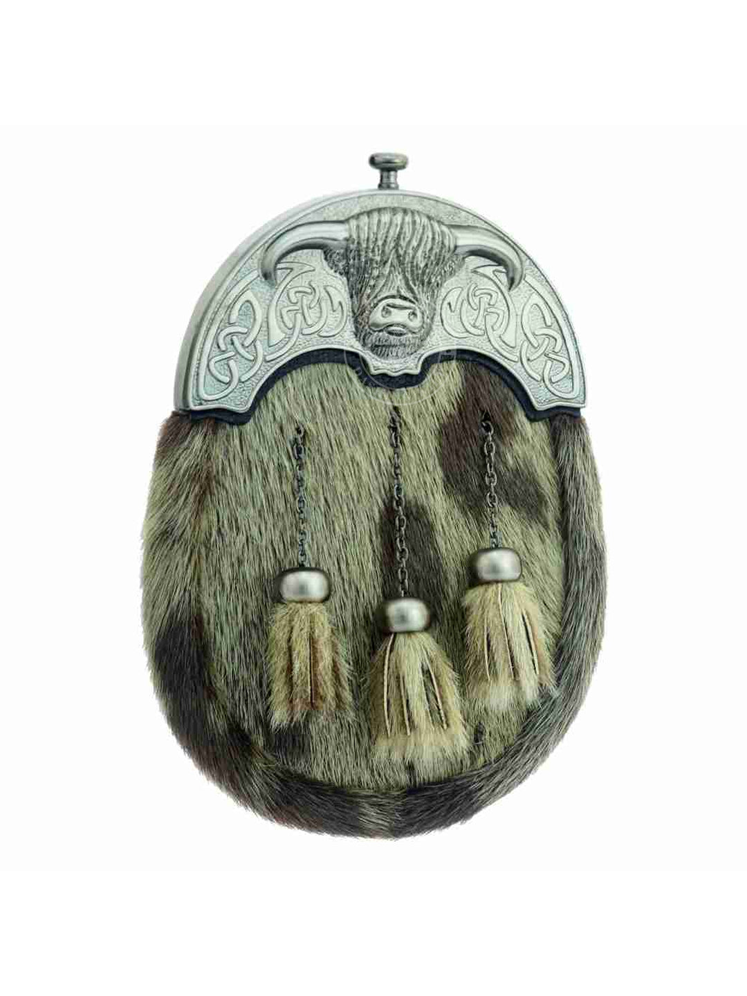 Full Dress Antique Scottish Cow Design Cantle Brown Seal Fur with Three Matching Tassels