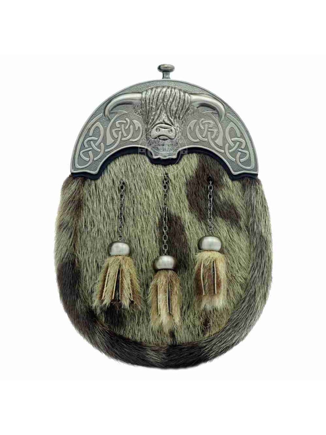 Full Dress Antique Scottish Cow Design Cantle Brown Seal Fur with Three Matching Tassels