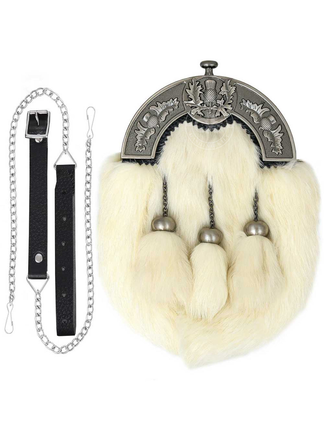 Full Dress Antique Thistle Design Cantle White Rabbit Fur with Three Matching Tassels