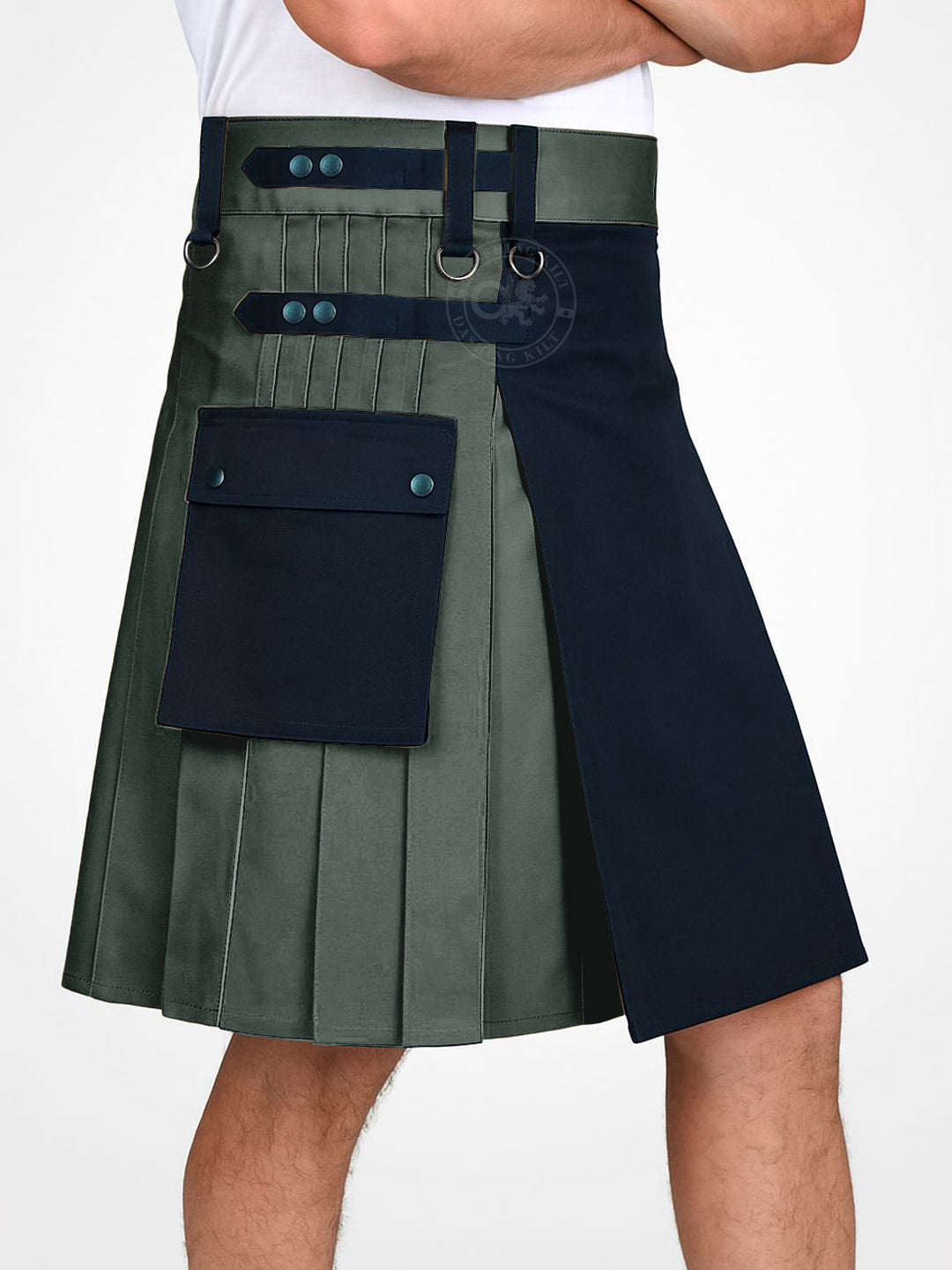 Black and Olive Green Double Tone kilt with Leather Straps
