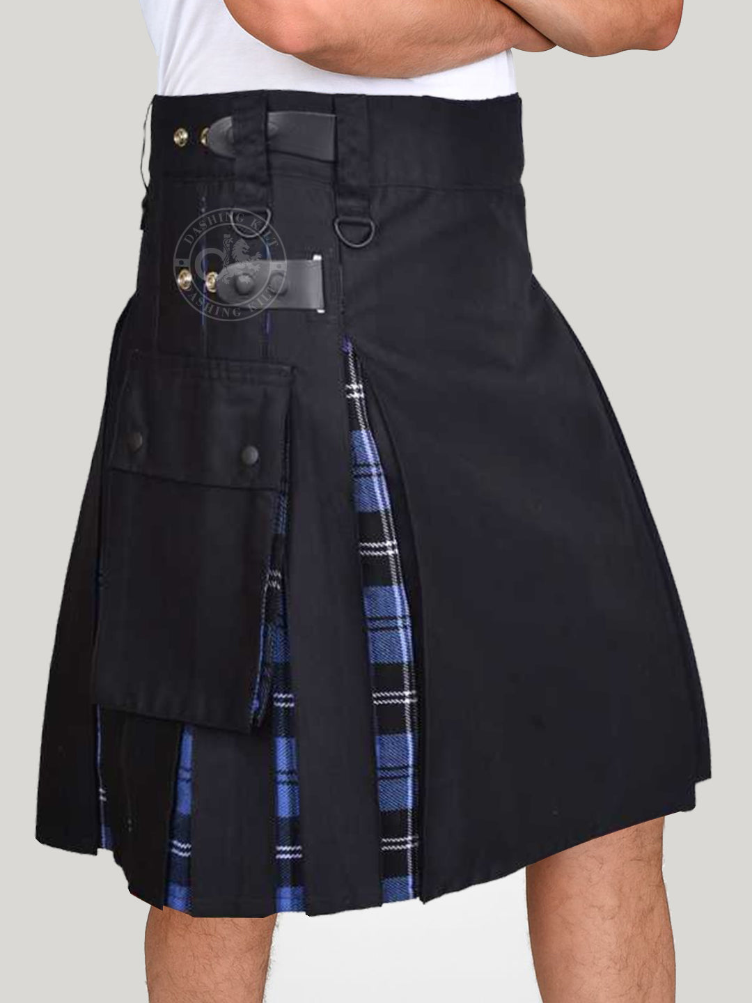 Hybrid Black Cotton & Ramsay-Blue Tartan Utility Kilt For Men With Leather Strap