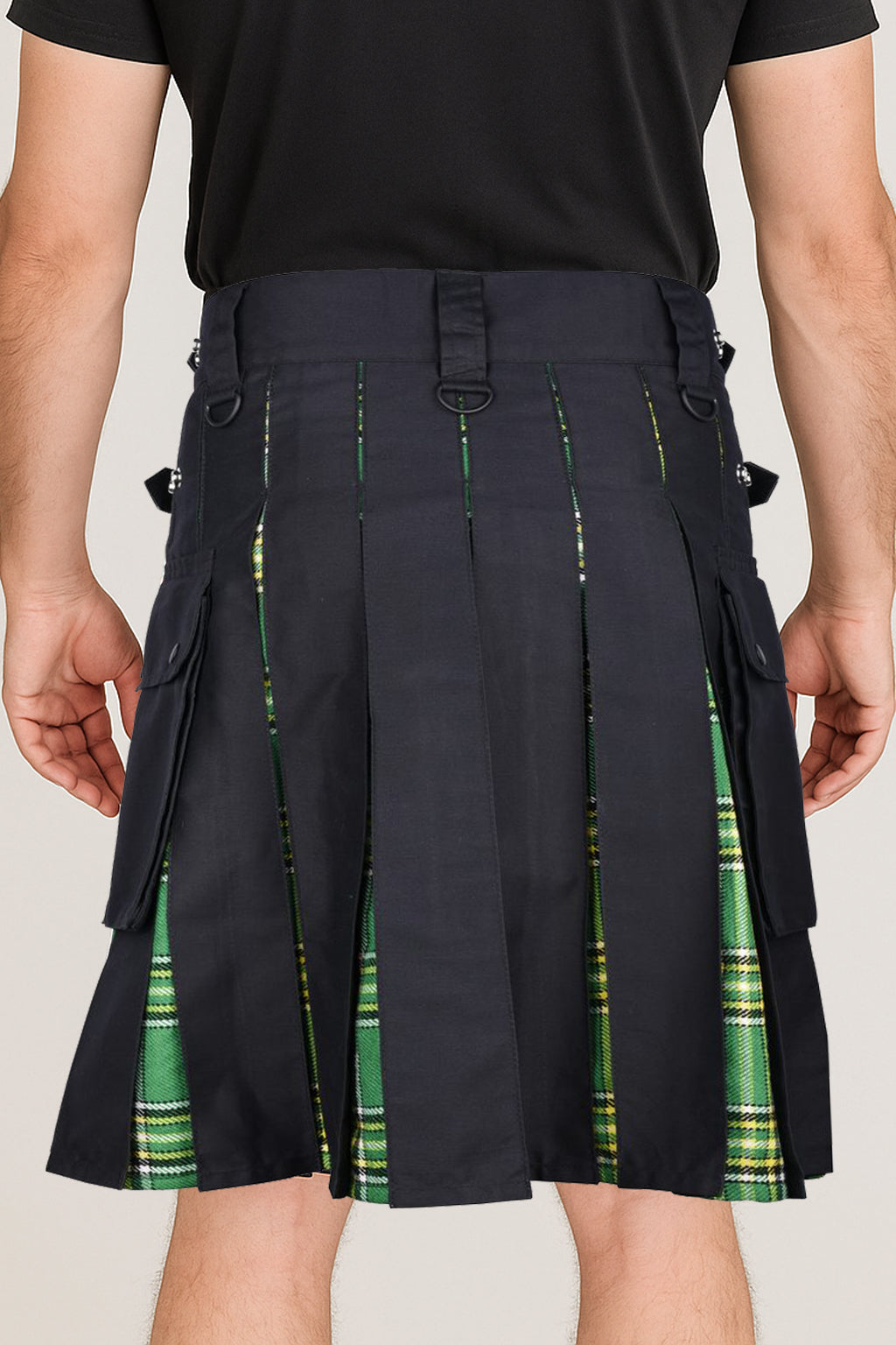 Men’s Hybrid Black Cotton & Irish National Green Tartan Kilt With Leather Straps & Cargo Pockets