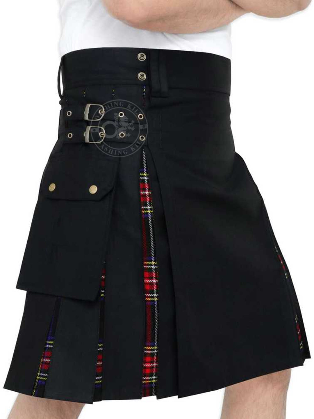 Modern Hybrid Black Cotton & Black Stewart Tartan Utility Kilt for Men