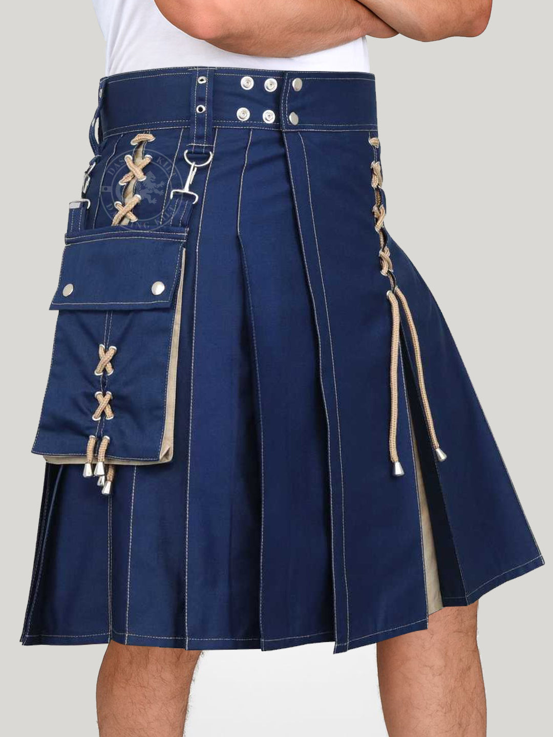 Modern Two Tone Blue & Khaki Cotton Utility kilt for men with detachable cargo pockets and unique design of X-Cross drawstring